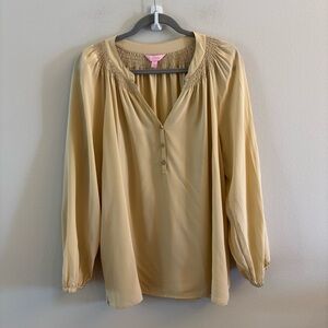 Lilly Pulitzer Elsa Gold Long Sleeve Gold Buttons 100% Silk Blouse Size XL